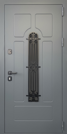 Уличная входная термодверь с узким стеклом, ковкой и рисунком на металле (порошковое окрашивание цвета графит) Уличная входная термодверь с узким стеклом, ковкой и рисунком на металле (порошковое окрашивание цвета графит)